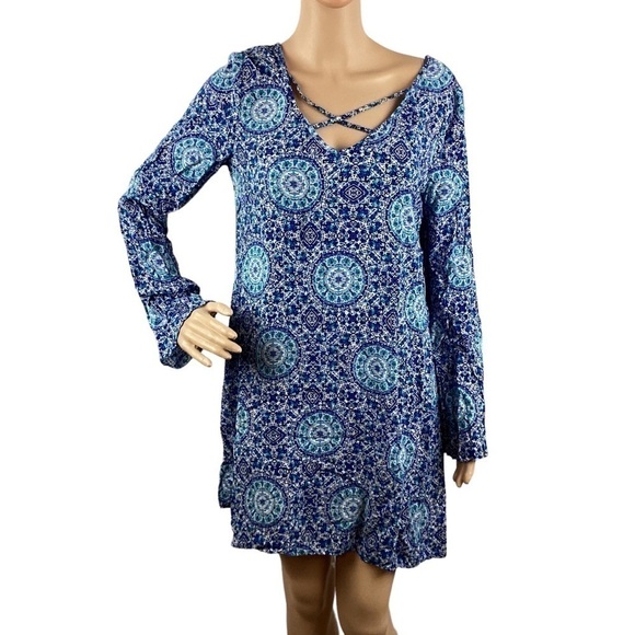 Socialite Dress Size M Blue Print Long Sleeve - Picture 1 of 7
